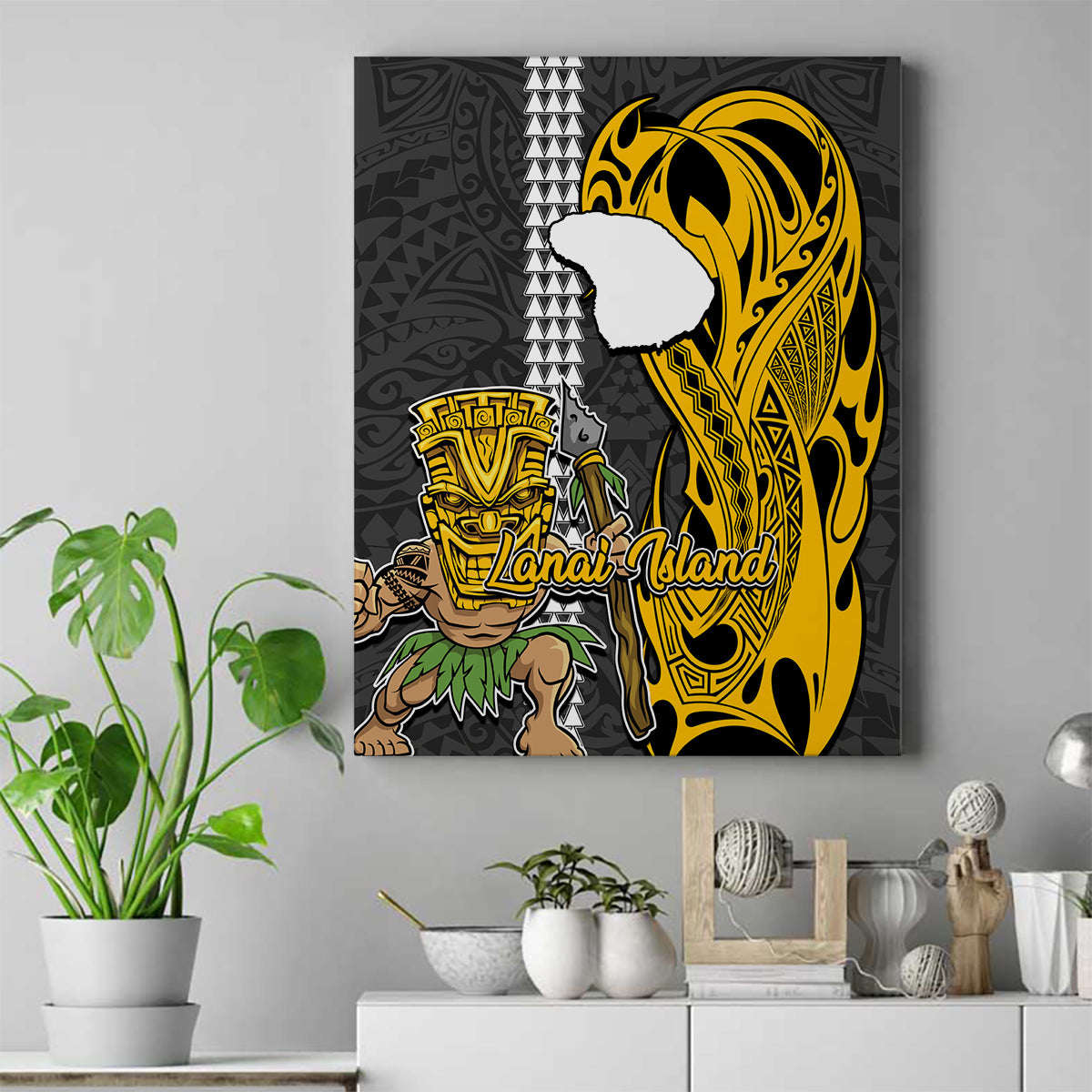 Hawaii Lanai Island Canvas Wall Art Hawaiian Warrior and Kakau Symbols Abstract Tattoo LT03 Yellow - Polynesian Pride