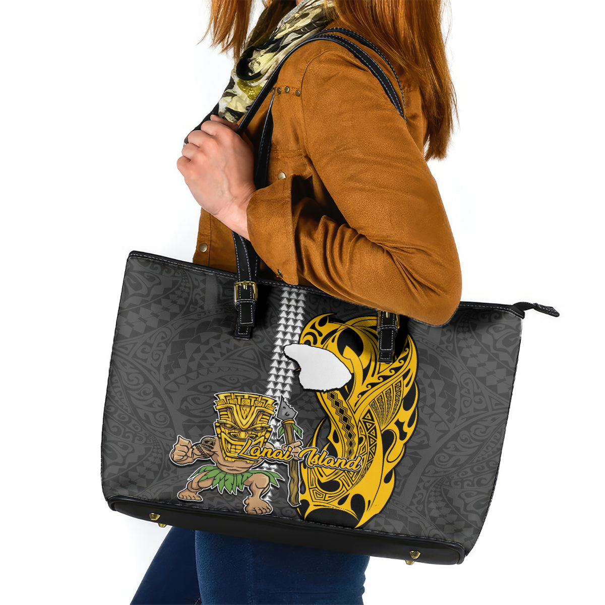 Hawaii Lanai Island Leather Tote Bag Hawaiian Warrior and Kakau Symbols Abstract Tattoo LT03 Yellow - Polynesian Pride