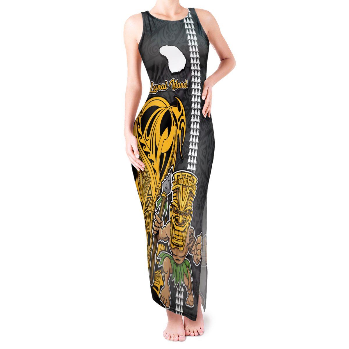 Hawaii Lanai Island Tank Maxi Dress Hawaiian Warrior and Kakau Symbols Abstract Tattoo LT03 Women Yellow - Polynesian Pride