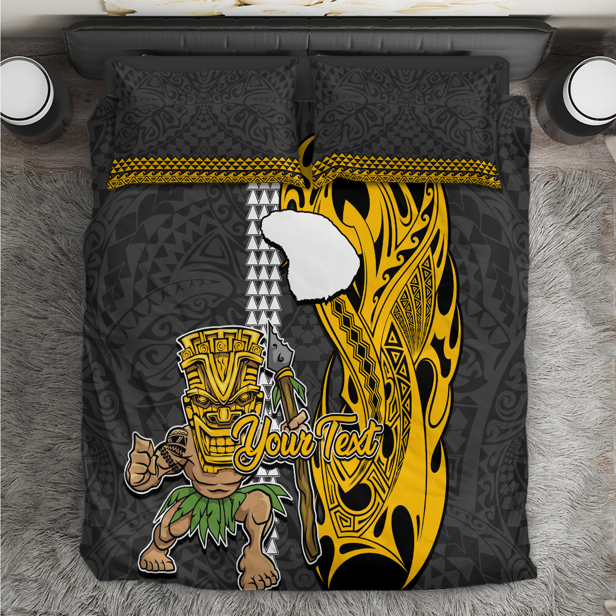 Custom Hawaii Lanai Island Bedding Set Hawaiian Warrior and Kakau Symbols Abstract Tattoo LT03 Yellow - Polynesian Pride