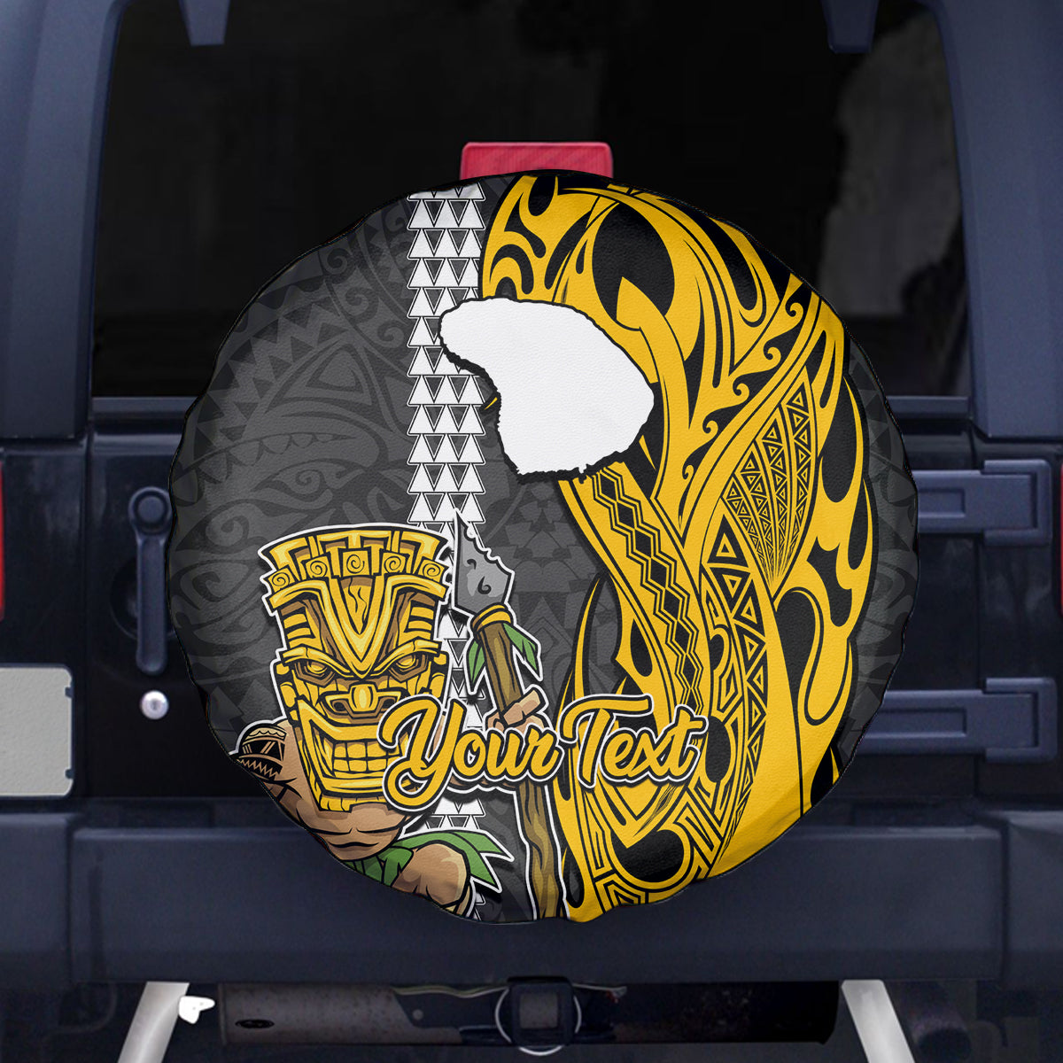 Custom Hawaii Lanai Island Spare Tire Cover Hawaiian Warrior and Kakau Symbols Abstract Tattoo LT03 Yellow - Polynesian Pride