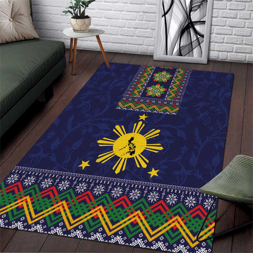 Philippines Merry Christmas Area Rug Maligayang Pasko with Parol and Xmas Pattern Barong Style LT03 Blue - Polynesian Pride