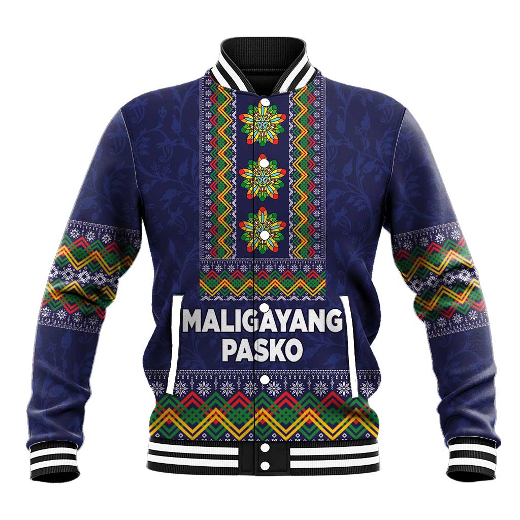 Philippines Merry Christmas Baseball Jacket Maligayang Pasko with Parol and Xmas Pattern Barong Style LT03 Unisex Blue - Polynesian Pride