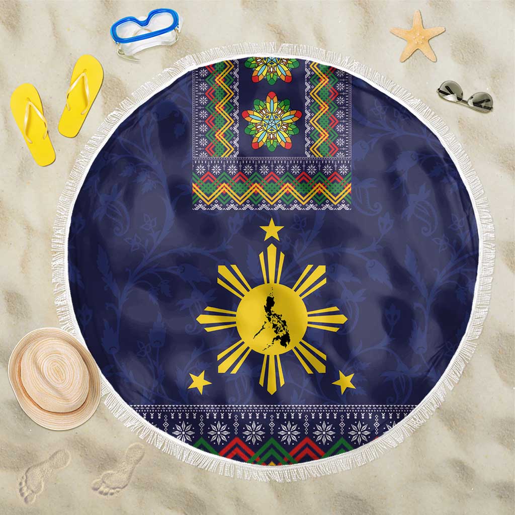 Philippines Merry Christmas Beach Blanket Maligayang Pasko with Parol and Xmas Pattern Barong Style LT03 One Size 150cm Blue - Polynesian Pride