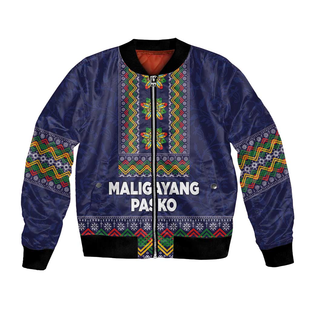 Philippines Merry Christmas Bomber Jacket Maligayang Pasko with Parol and Xmas Pattern Barong Style LT03 Unisex Blue - Polynesian Pride