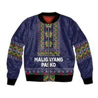 Philippines Merry Christmas Bomber Jacket Maligayang Pasko with Parol and Xmas Pattern Barong Style LT03 Unisex Blue - Polynesian Pride