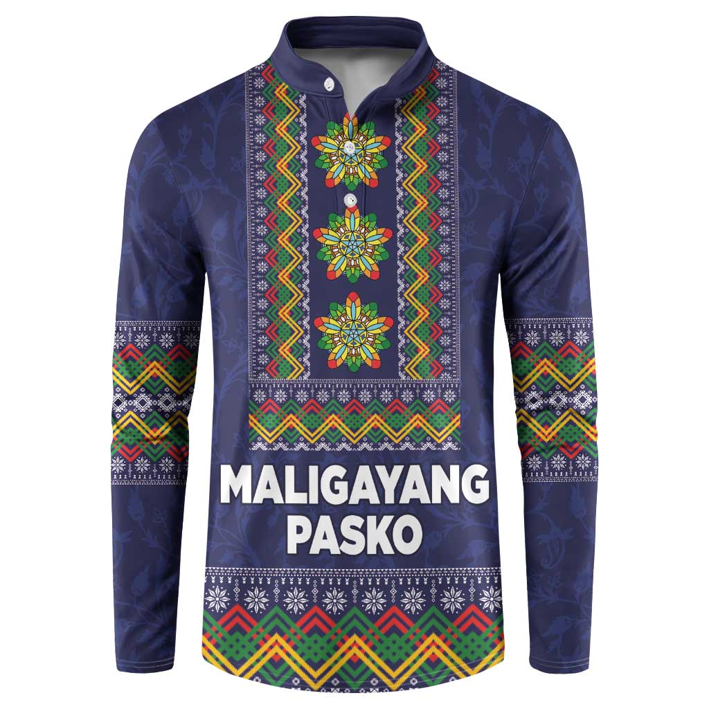 Philippines Merry Christmas Button Sweatshirt Maligayang Pasko with Parol and Xmas Pattern Barong Style LT03 Blue - Polynesian Pride
