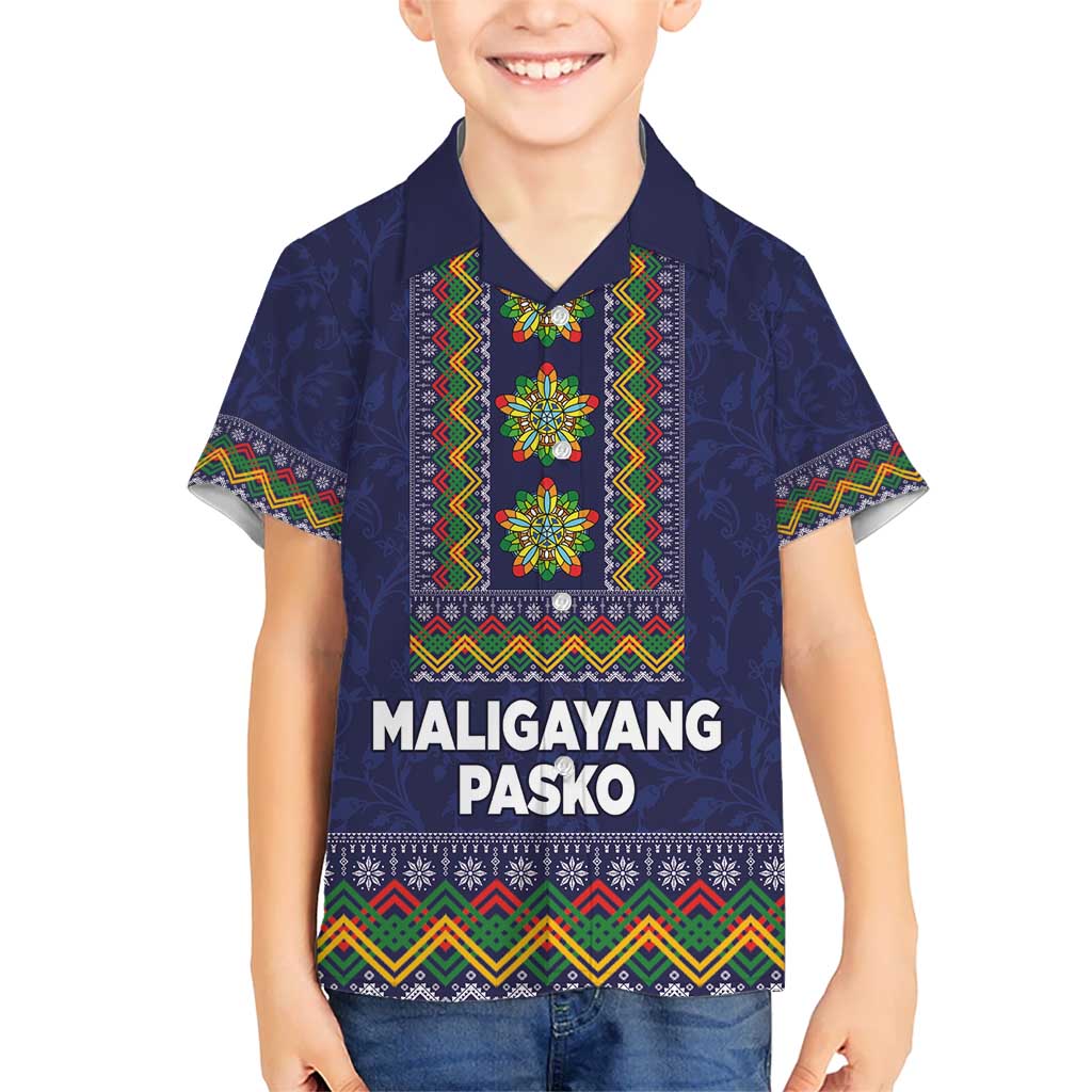 Philippines Merry Christmas Kid Hawaiian Shirt Maligayang Pasko with Parol and Xmas Pattern Barong Style LT03 Kid Blue - Polynesian Pride