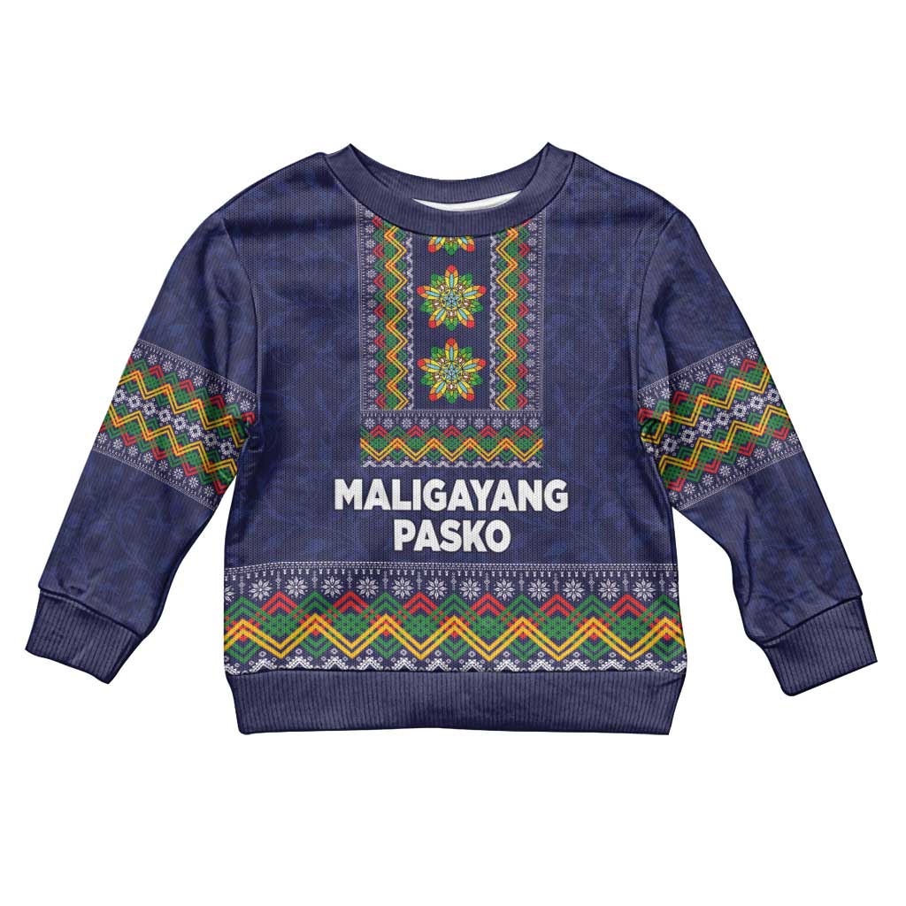 Philippines Merry Christmas Kid Ugly Christmas Sweater Maligayang Pasko with Parol and Xmas Pattern Barong Style LT03 Kid Blue - Polynesian Pride