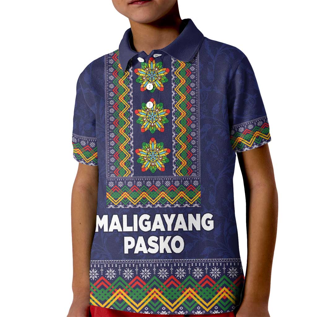 Philippines Merry Christmas Kid Polo Shirt Maligayang Pasko with Parol and Xmas Pattern Barong Style LT03 Kid Blue - Polynesian Pride