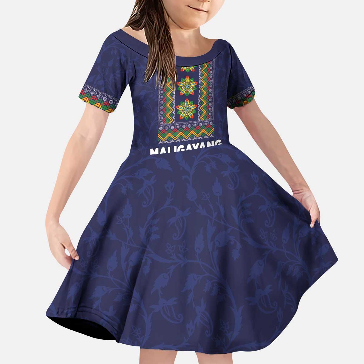 Philippines Merry Christmas Kid Short Sleeve Dress Maligayang Pasko with Parol and Xmas Pattern Barong Style LT03 KID Blue - Polynesian Pride