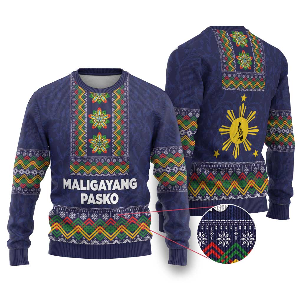 Philippines Merry Christmas Ugly Christmas Sweater Maligayang Pasko with Parol and Xmas Pattern Barong Style LT03 Blue - Polynesian Pride