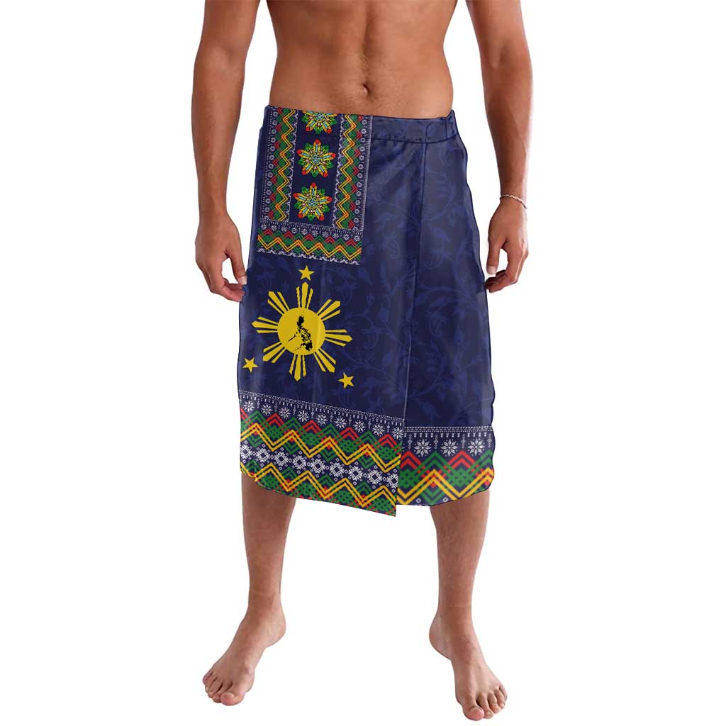 Philippines Merry Christmas Lavalava Maligayang Pasko with Parol and Xmas Pattern Barong Style LT03 Blue - Polynesian Pride