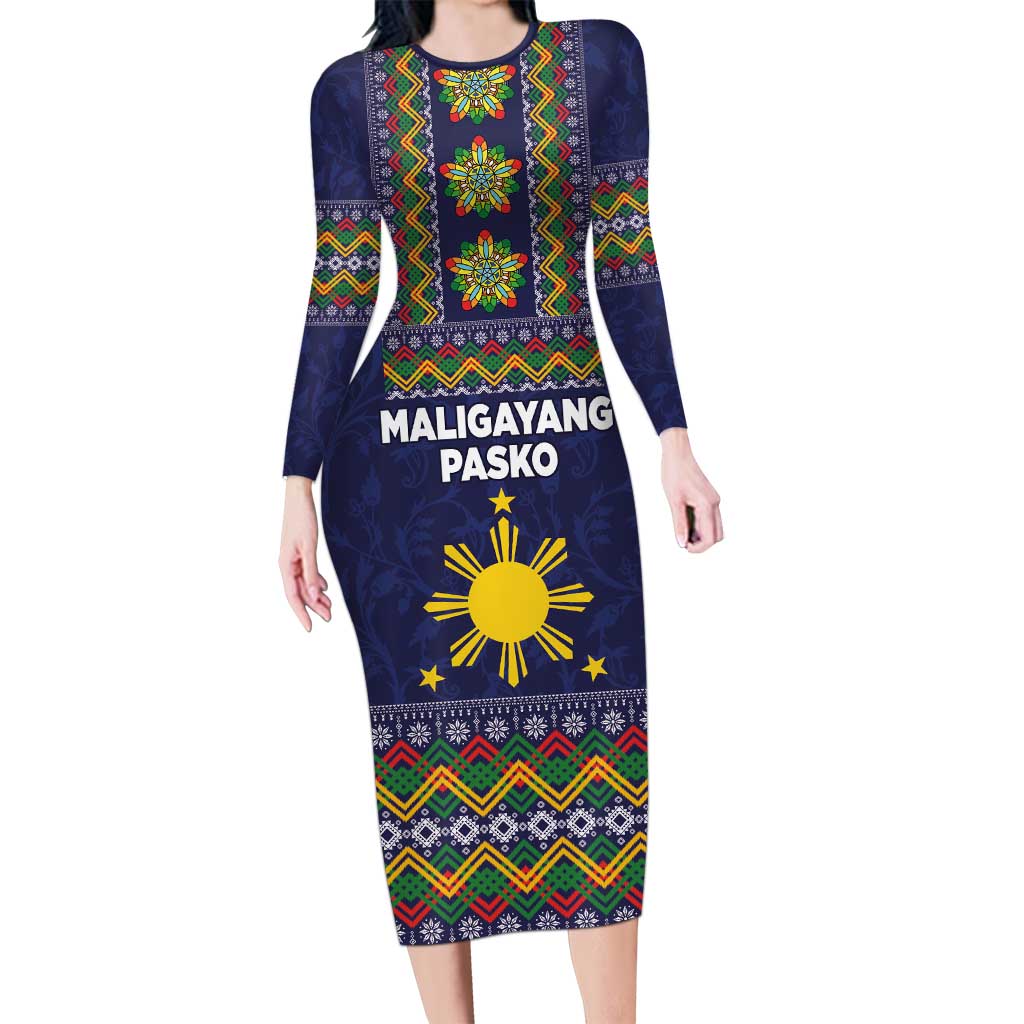Philippines Merry Christmas Long Sleeve Bodycon Dress Maligayang Pasko with Parol and Xmas Pattern Barong Style LT03 Long Dress Blue - Polynesian Pride
