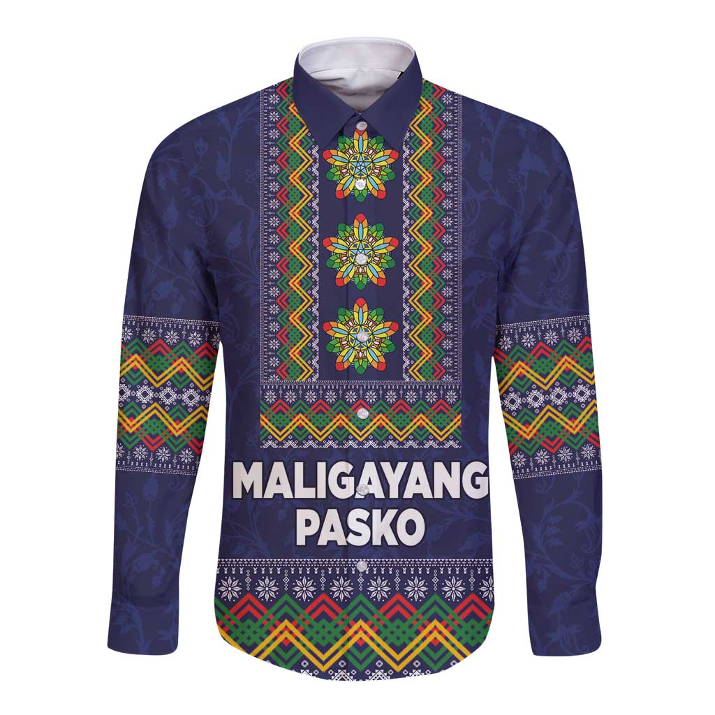 Philippines Merry Christmas Long Sleeve Button Shirt Maligayang Pasko with Parol and Xmas Pattern Barong Style LT03 Unisex Blue - Polynesian Pride