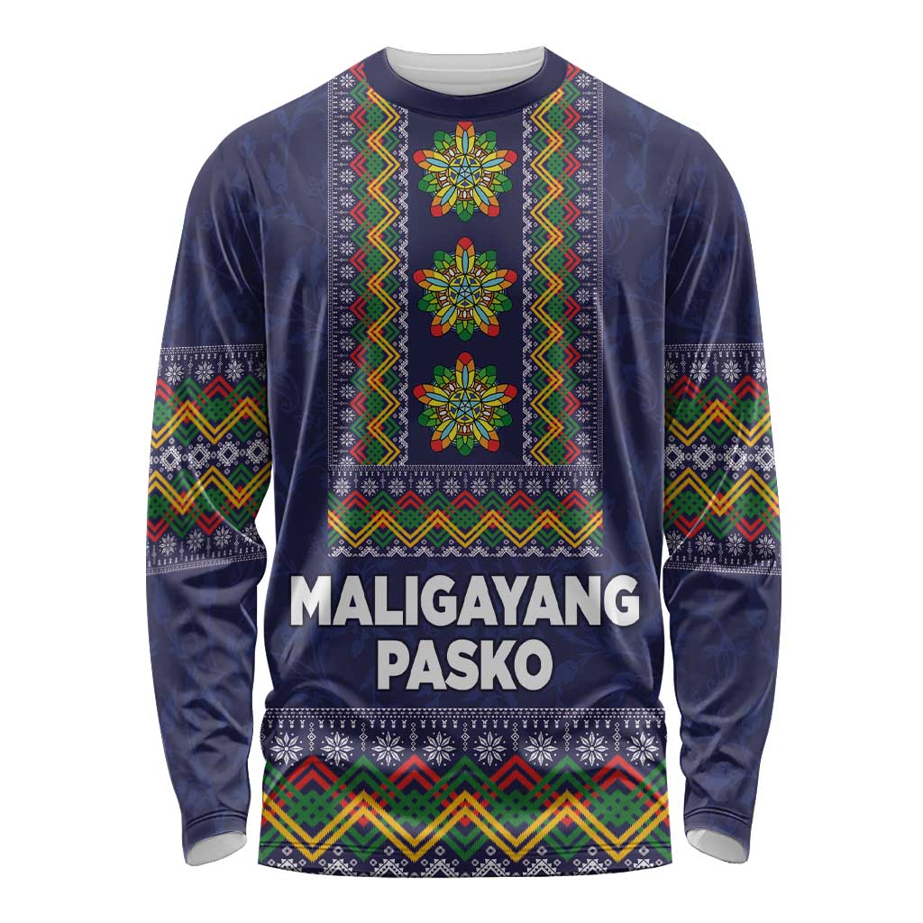 Philippines Merry Christmas Long Sleeve Shirt Maligayang Pasko with Parol and Xmas Pattern Barong Style LT03 Unisex Blue - Polynesian Pride