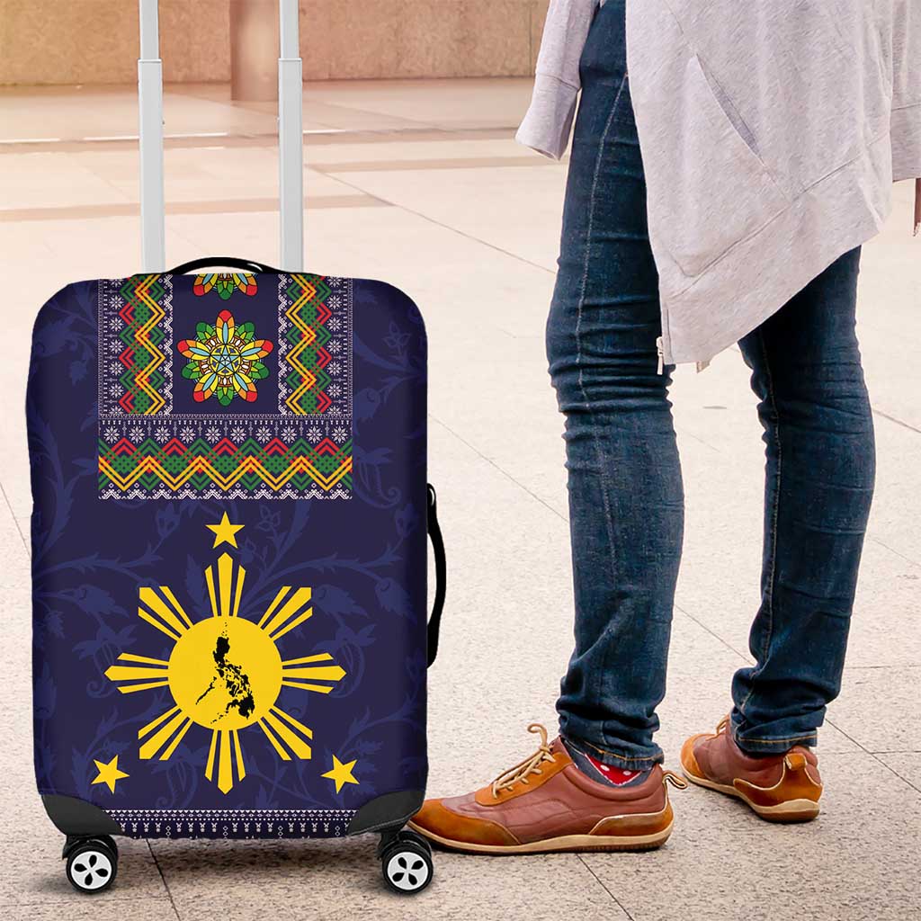 Philippines Merry Christmas Luggage Cover Maligayang Pasko with Parol and Xmas Pattern Barong Style LT03 Blue - Polynesian Pride