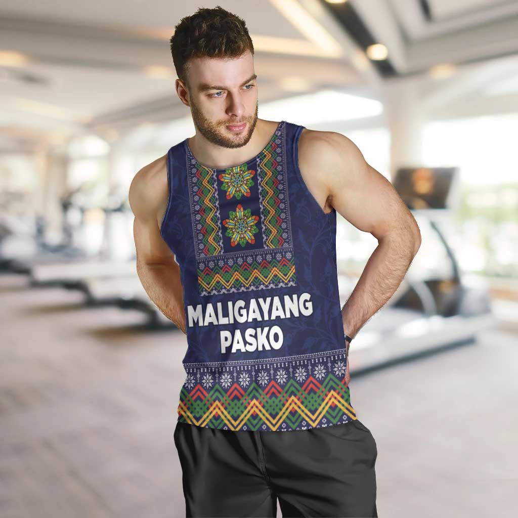 Philippines Merry Christmas Men Tank Top Maligayang Pasko with Parol and Xmas Pattern Barong Style LT03 Blue - Polynesian Pride