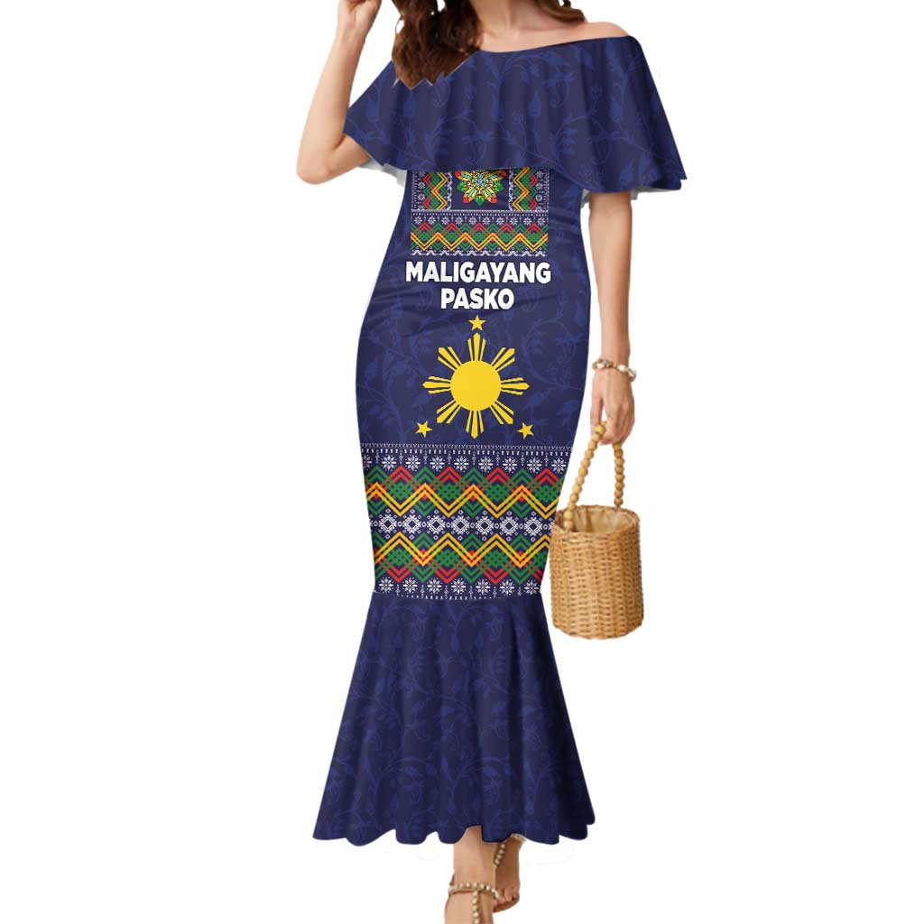 Philippines Merry Christmas Mermaid Dress Maligayang Pasko with Parol and Xmas Pattern Barong Style LT03 Women Blue - Polynesian Pride