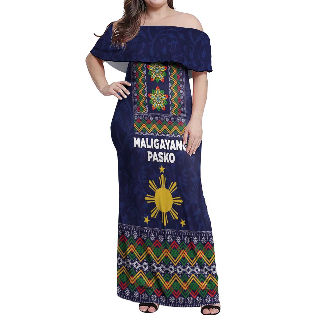 Philippines Merry Christmas Off Shoulder Maxi Dress Maligayang Pasko with Parol and Xmas Pattern Barong Style LT03 Women Blue - Polynesian Pride