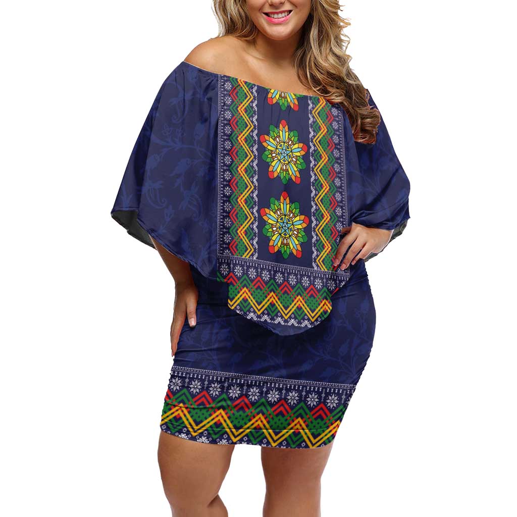 Philippines Merry Christmas Off Shoulder Short Dress Maligayang Pasko with Parol and Xmas Pattern Barong Style LT03 Women Blue - Polynesian Pride