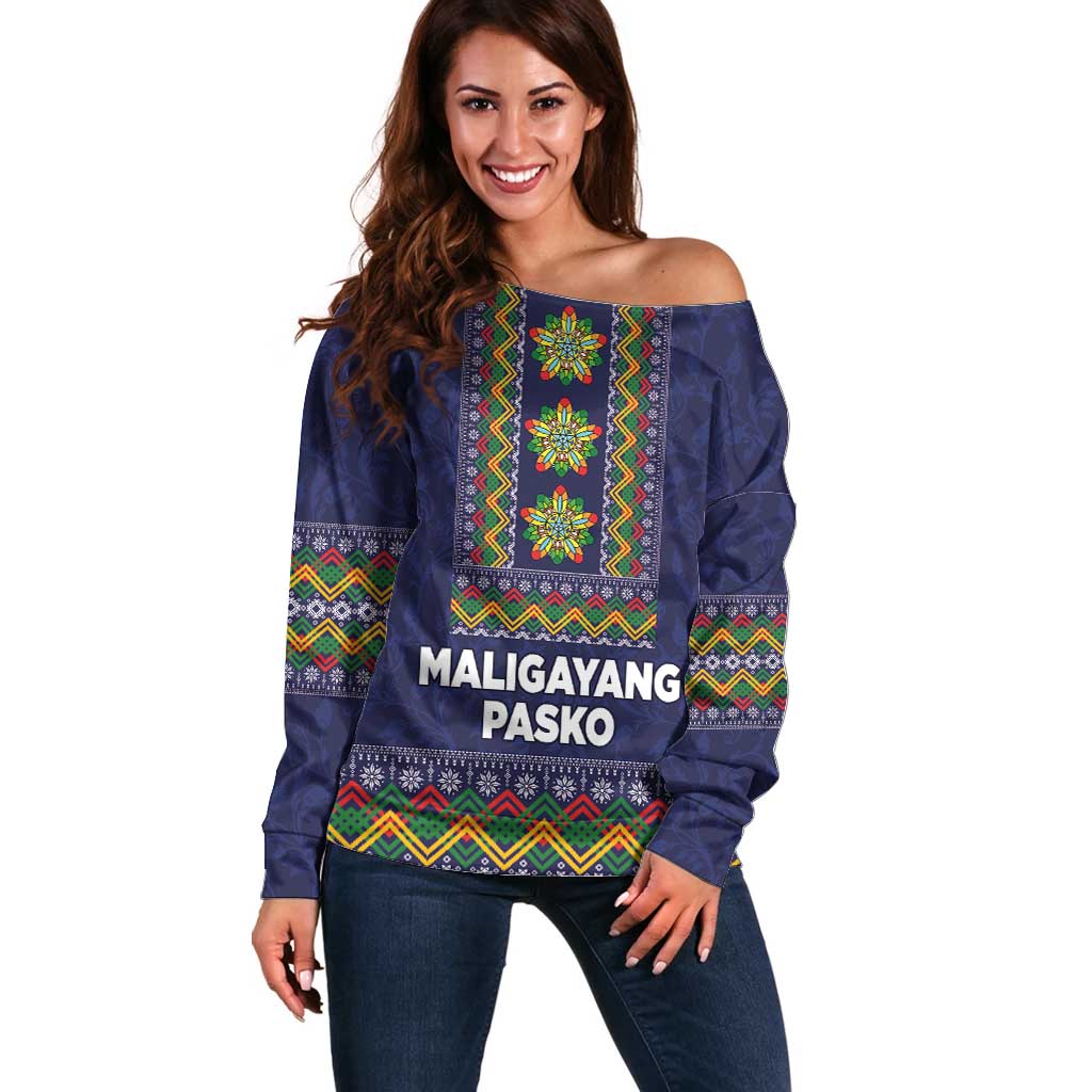 Philippines Merry Christmas Off Shoulder Sweater Maligayang Pasko with Parol and Xmas Pattern Barong Style LT03 Women Blue - Polynesian Pride