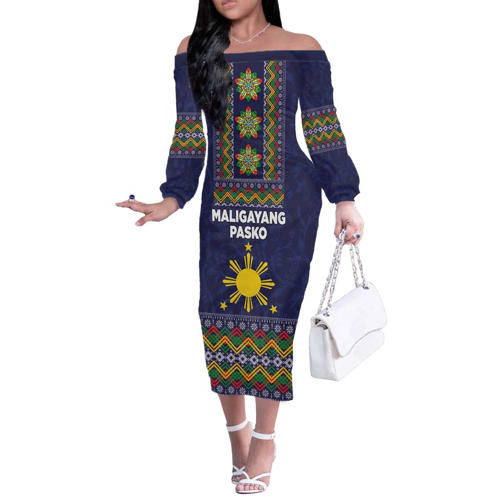 Philippines Merry Christmas Off The Shoulder Long Sleeve Dress Maligayang Pasko with Parol and Xmas Pattern Barong Style LT03 Women Blue - Polynesian Pride