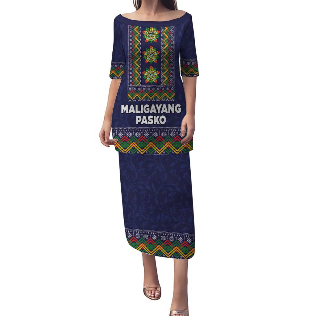 Philippines Merry Christmas Puletasi Maligayang Pasko with Parol and Xmas Pattern Barong Style LT03 Long Dress Blue - Polynesian Pride