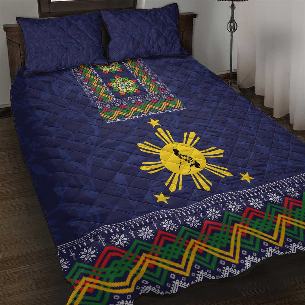 Philippines Merry Christmas Quilt Bed Set Maligayang Pasko with Parol and Xmas Pattern Barong Style LT03 Blue - Polynesian Pride