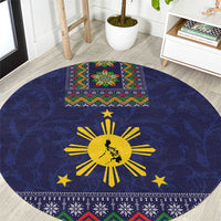 Philippines Merry Christmas Round Carpet Maligayang Pasko with Parol and Xmas Pattern Barong Style LT03 Blue - Polynesian Pride