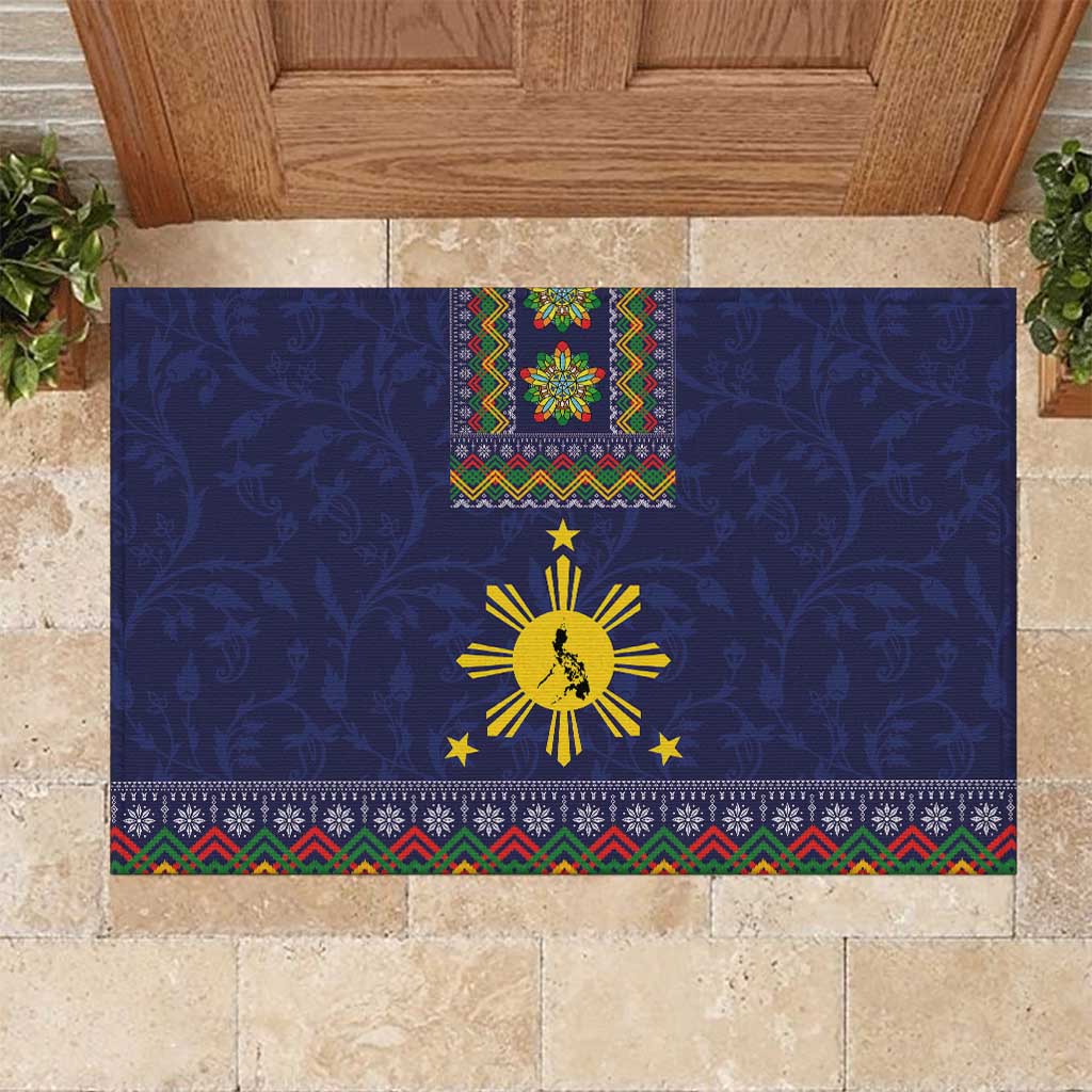 Philippines Merry Christmas Rubber Doormat Maligayang Pasko with Parol and Xmas Pattern Barong Style LT03 Blue - Polynesian Pride