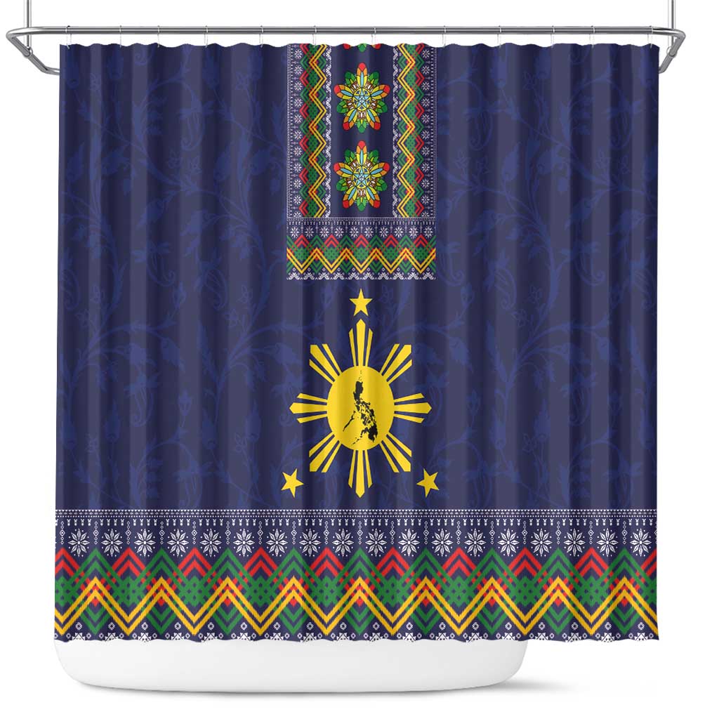 Philippines Merry Christmas Shower Curtain Maligayang Pasko with Parol and Xmas Pattern Barong Style LT03 Blue - Polynesian Pride