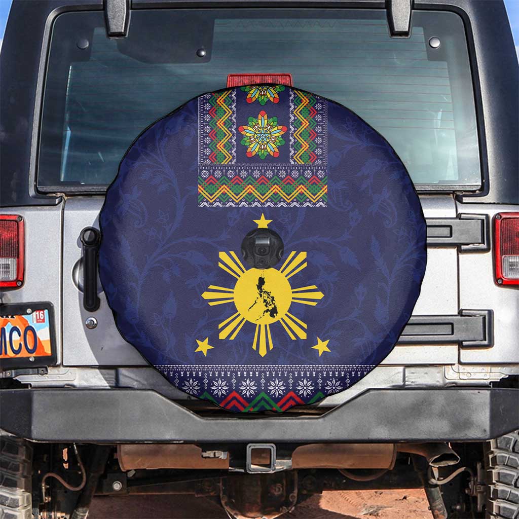 Philippines Merry Christmas Spare Tire Cover Maligayang Pasko with Parol and Xmas Pattern Barong Style LT03 Blue - Polynesian Pride