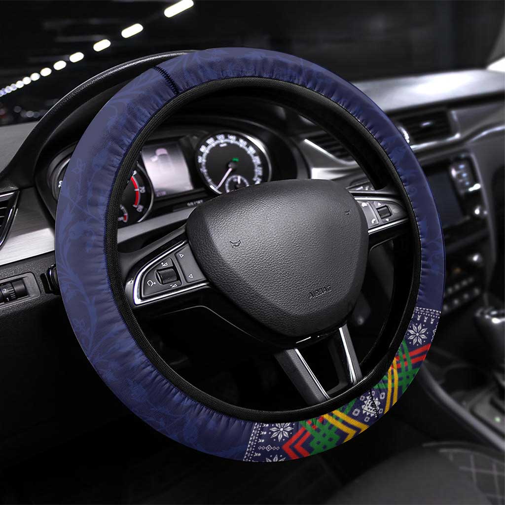 Philippines Merry Christmas Steering Wheel Cover Maligayang Pasko with Parol and Xmas Pattern Barong Style LT03 Universal Fit Blue - Polynesian Pride