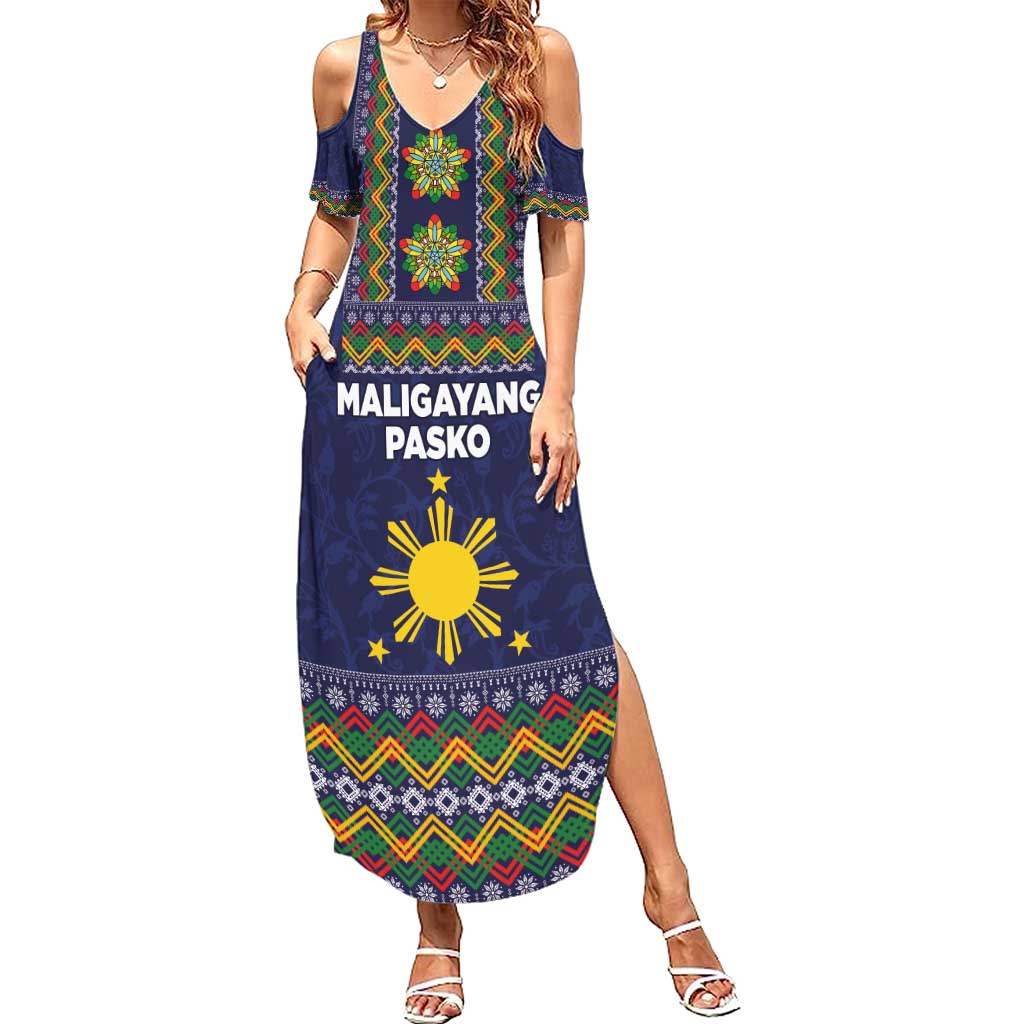 Philippines Merry Christmas Summer Maxi Dress Maligayang Pasko with Parol and Xmas Pattern Barong Style LT03 Women Blue - Polynesian Pride