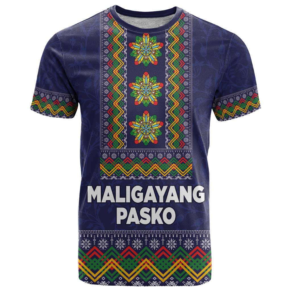Philippines Merry Christmas T Shirt Maligayang Pasko with Parol and Xmas Pattern Barong Style LT03 Blue - Polynesian Pride