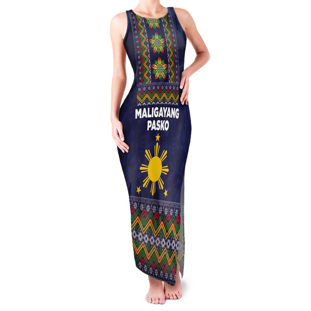 Philippines Merry Christmas Tank Maxi Dress Maligayang Pasko with Parol and Xmas Pattern Barong Style LT03 Women Blue - Polynesian Pride