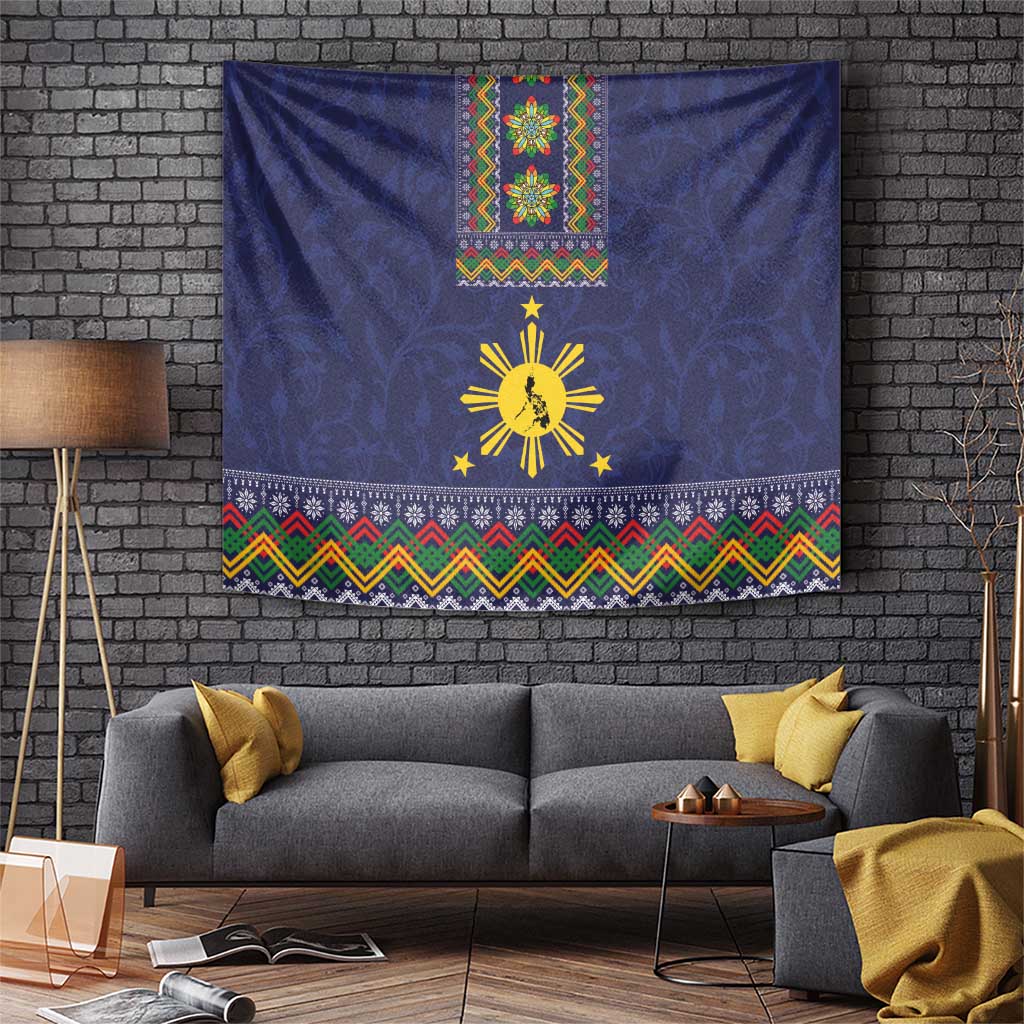 Philippines Merry Christmas Tapestry Maligayang Pasko with Parol and Xmas Pattern Barong Style LT03 Blue - Polynesian Pride