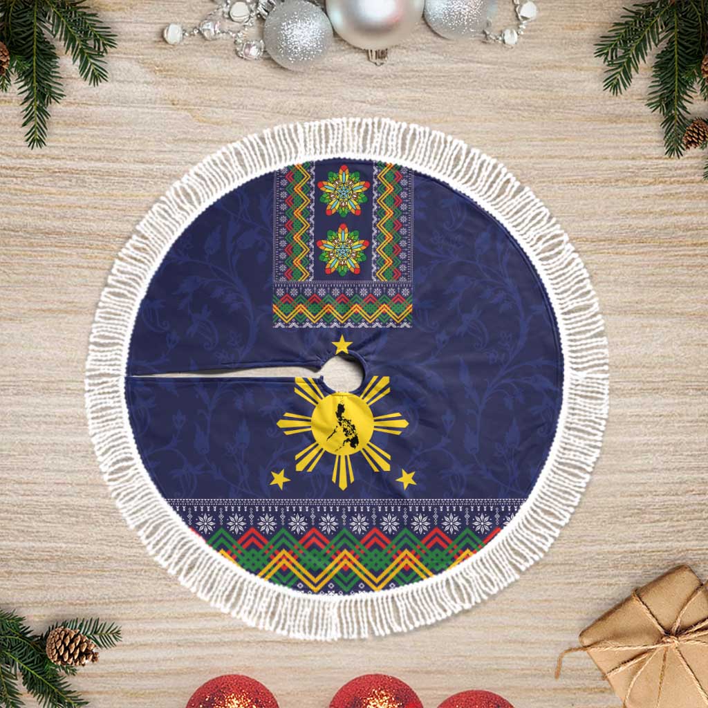 Philippines Merry Christmas Tree Skirt Maligayang Pasko with Parol and Xmas Pattern Barong Style LT03 Fringed Blue - Polynesian Pride