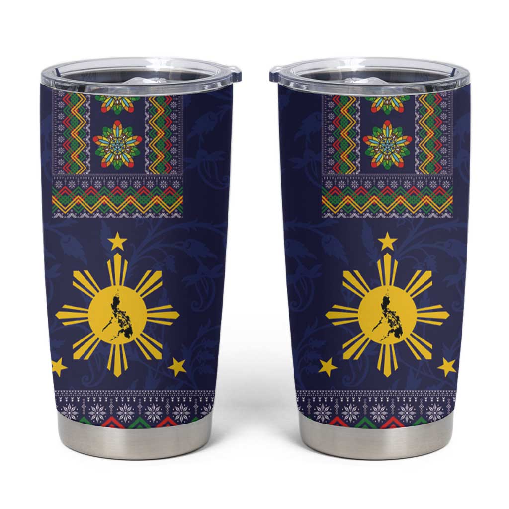 Philippines Merry Christmas Tumbler Cup Maligayang Pasko with Parol and Xmas Pattern Barong Style LT03 Blue - Polynesian Pride