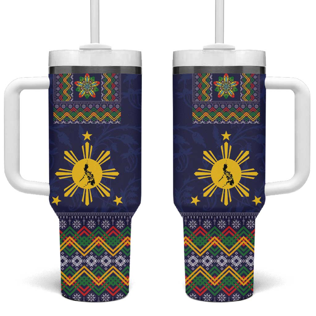 Philippines Merry Christmas Tumbler With Handle Maligayang Pasko with Parol and Xmas Pattern Barong Style LT03 One Size: 40 oz Blue - Polynesian Pride