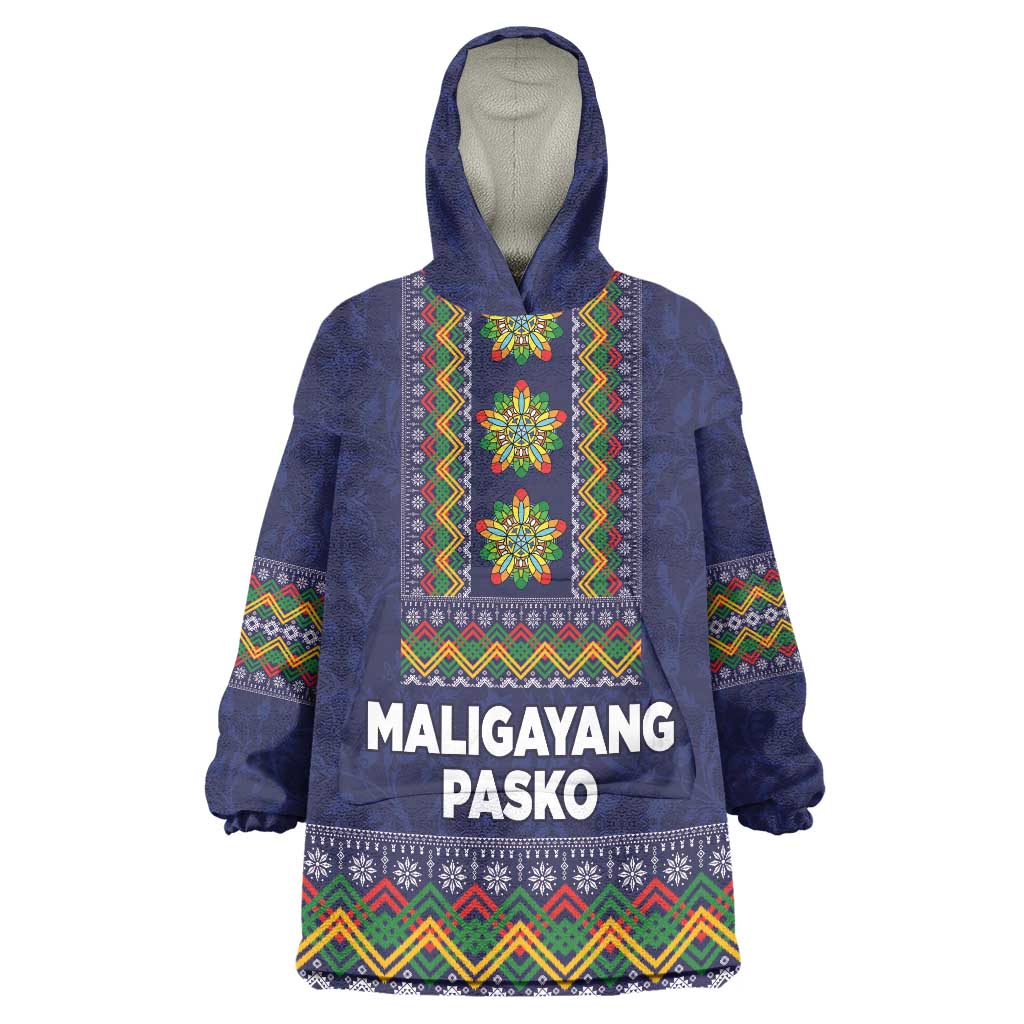 Philippines Merry Christmas Wearable Blanket Hoodie Maligayang Pasko with Parol and Xmas Pattern Barong Style LT03 One Size Blue - Polynesian Pride