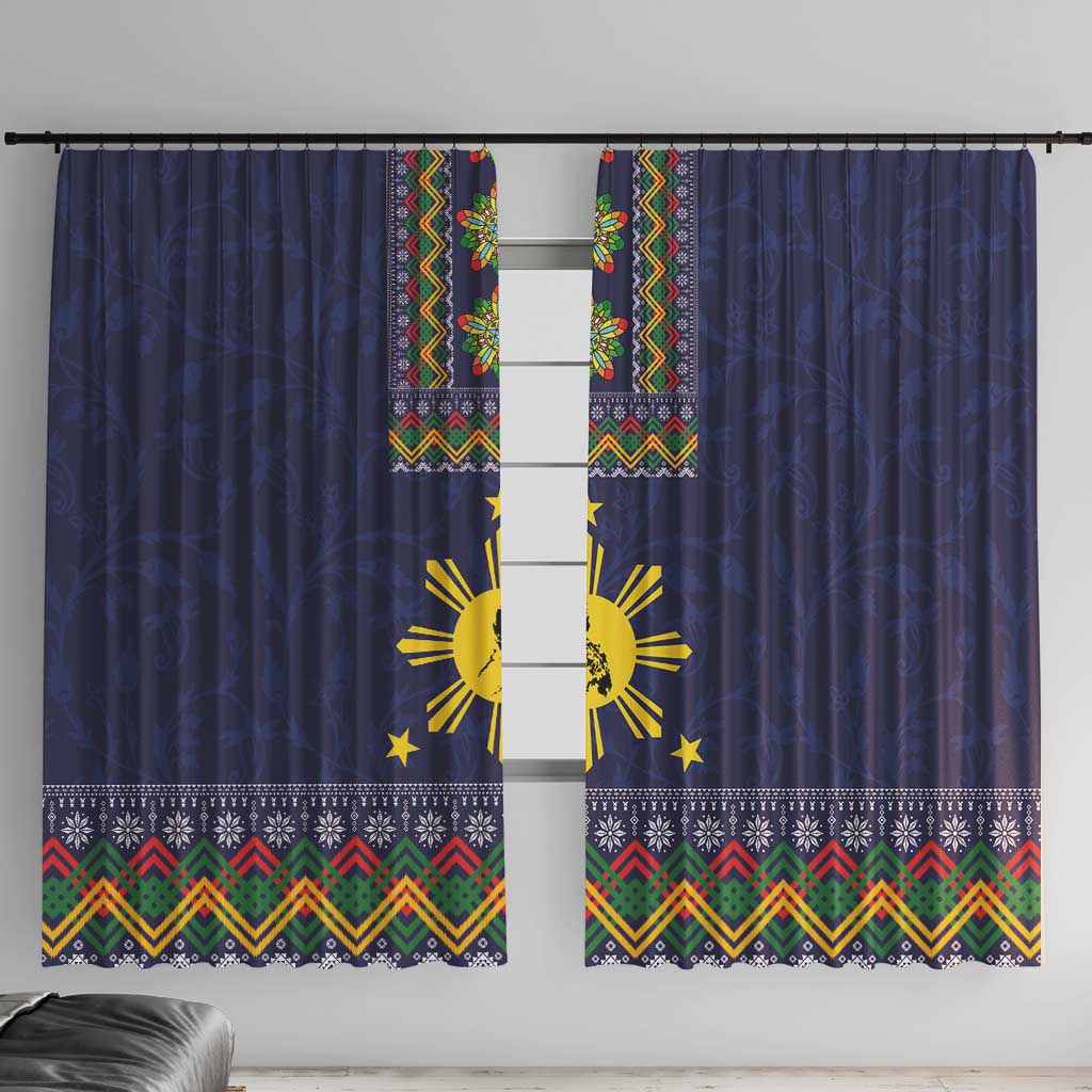 Philippines Merry Christmas Window Curtain Maligayang Pasko with Parol and Xmas Pattern Barong Style LT03 With Hooks Blue - Polynesian Pride