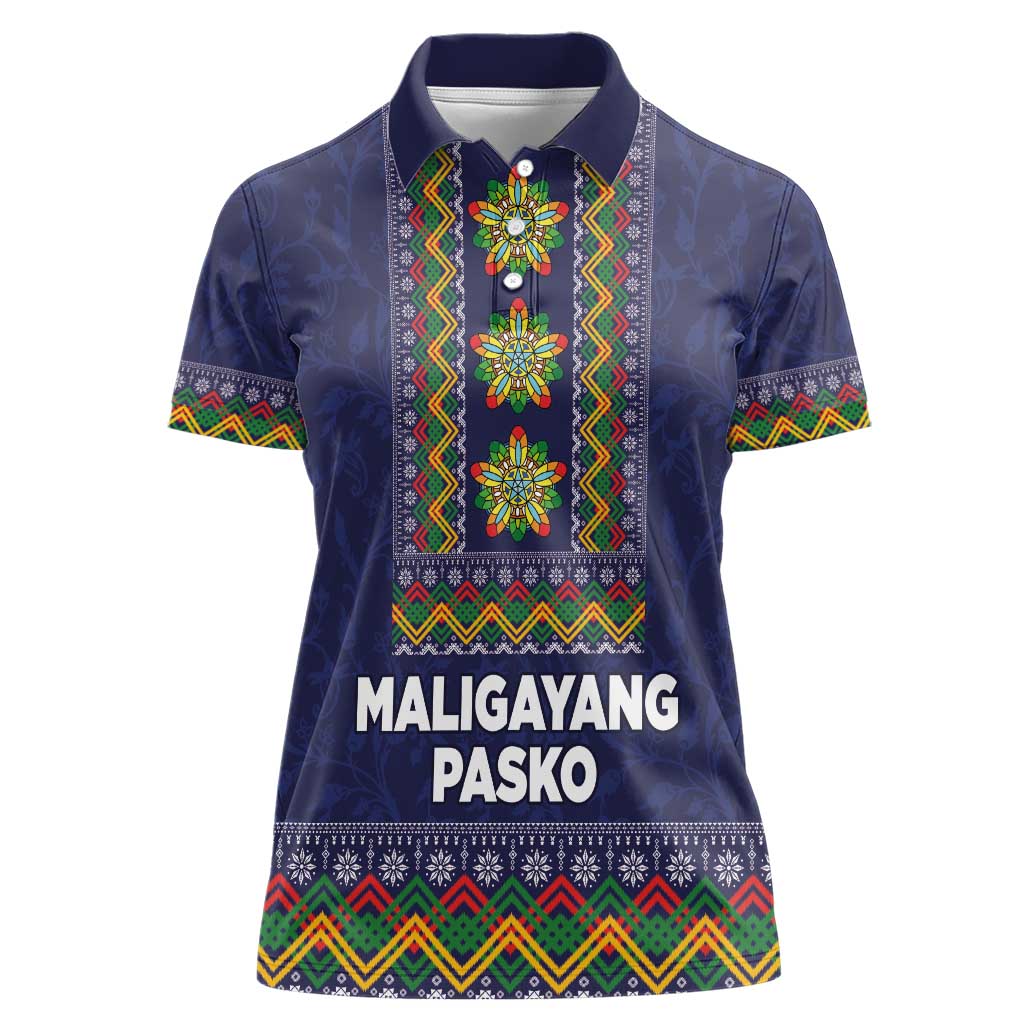 Philippines Merry Christmas Women Polo Shirt Maligayang Pasko with Parol and Xmas Pattern Barong Style LT03 Female Blue - Polynesian Pride