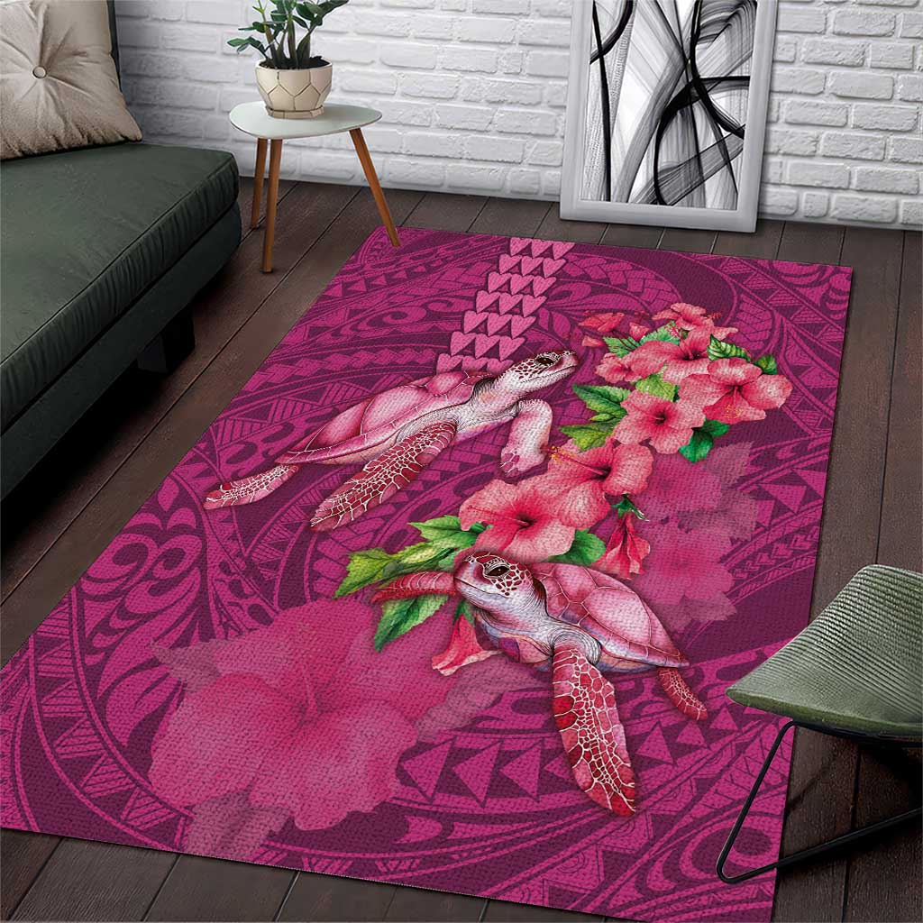 Hawaiian Turtle Love Couple Area Rug - Sweet Hibiscus and Kakau Pattern Rose Color