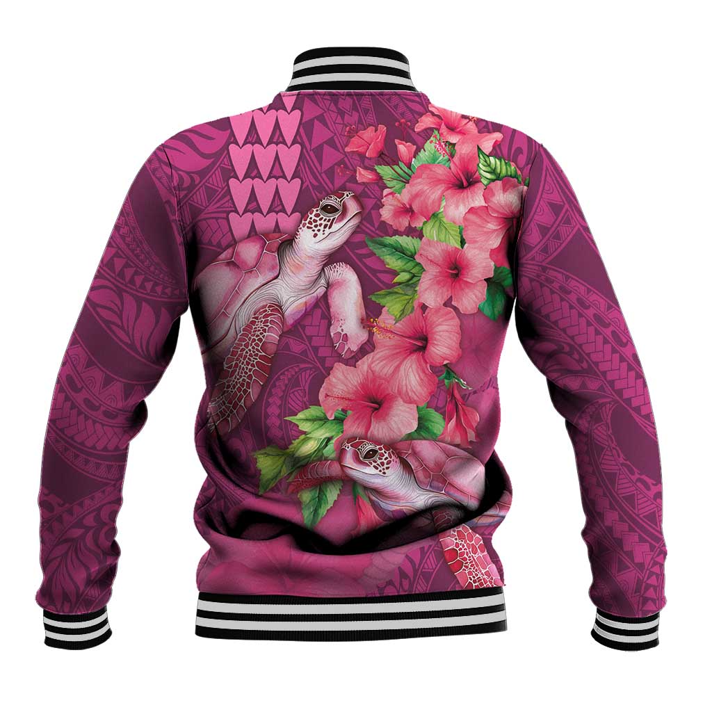 Hawaiian Turtle Love Couple Baseball Jacket - Sweet Hibiscus and Kakau Pattern Rose Color LT03 - Polynesian Pride