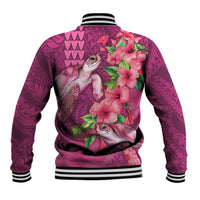 Hawaiian Turtle Love Couple Baseball Jacket - Sweet Hibiscus and Kakau Pattern Rose Color LT03 - Polynesian Pride