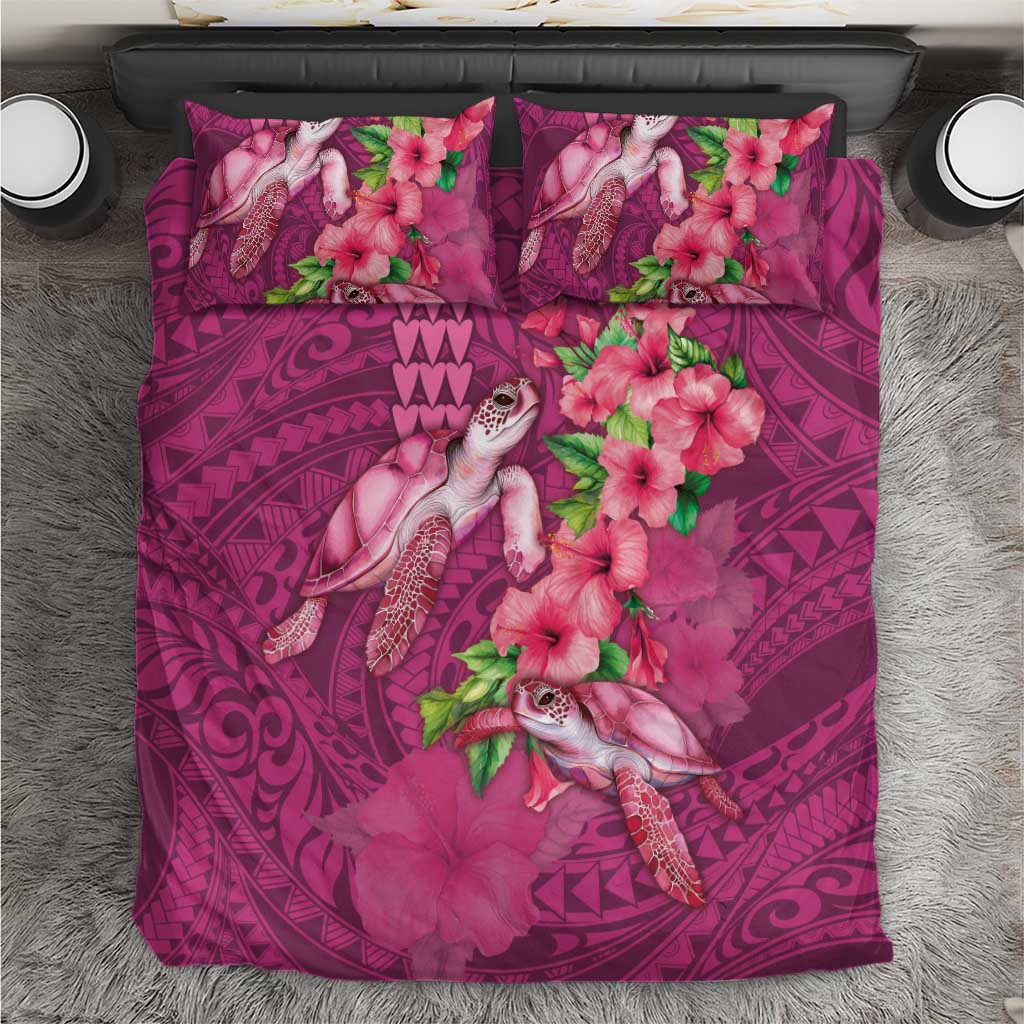 Hawaiian Turtle Love Couple Bedding Set - Sweet Hibiscus and Kakau Pattern Rose Color LT03 Pink - Polynesian Pride