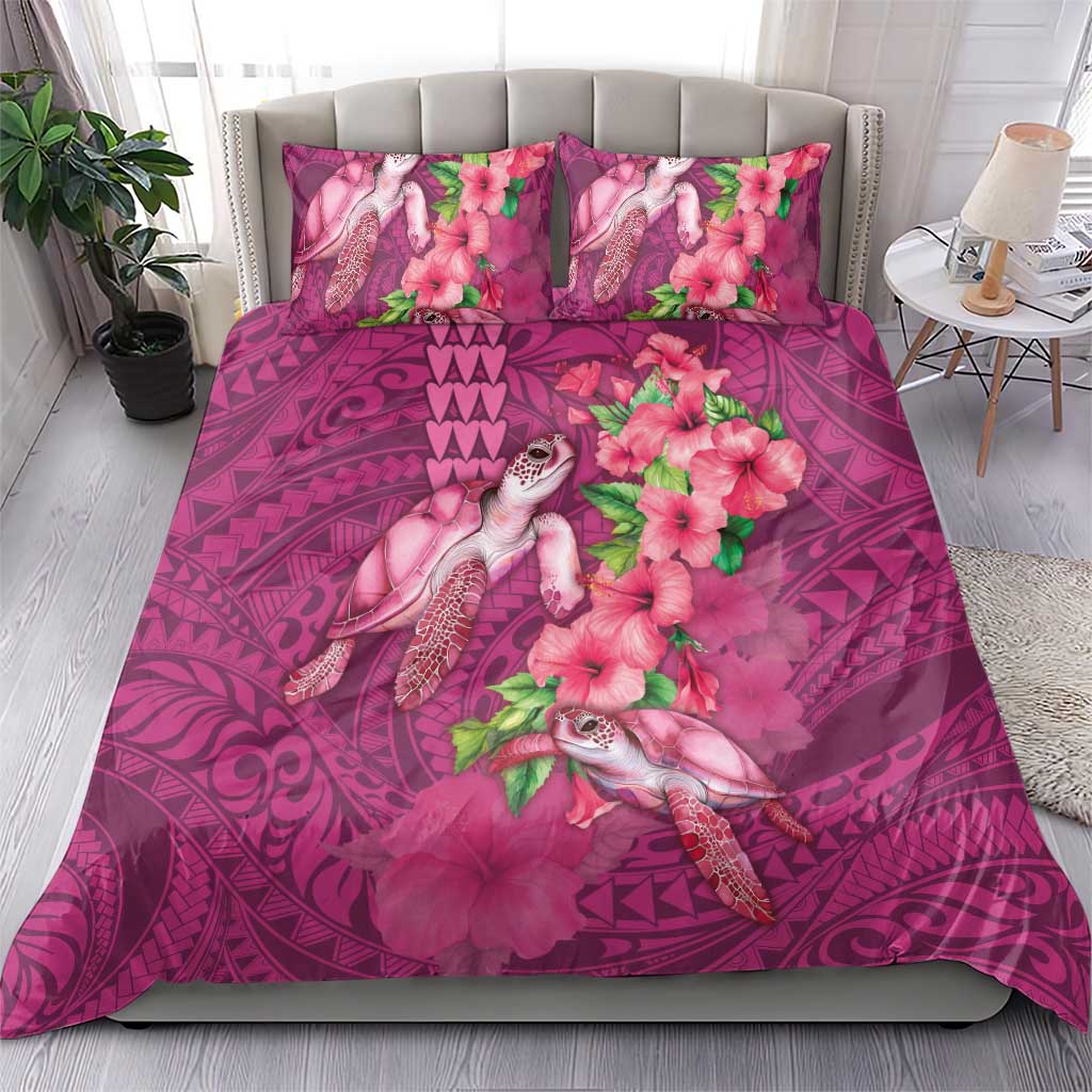 Hawaiian Turtle Love Couple Bedding Set - Sweet Hibiscus and Kakau Pattern Rose Color LT03 - Polynesian Pride