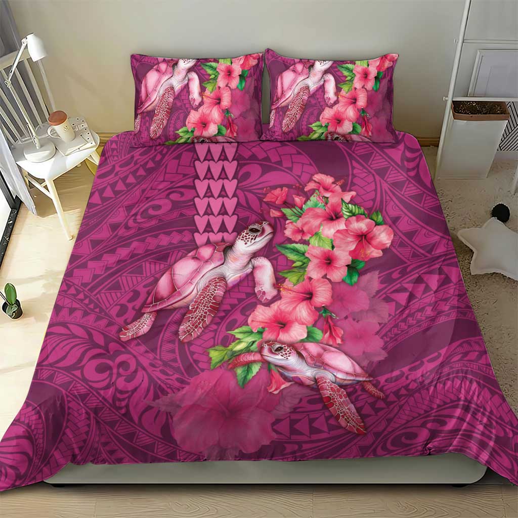 Hawaiian Turtle Love Couple Bedding Set - Sweet Hibiscus and Kakau Pattern Rose Color LT03 - Polynesian Pride